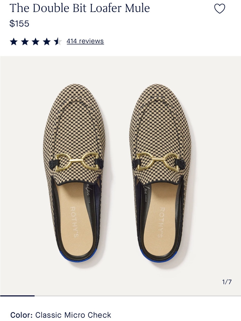 Rothy's The Double Bit Loafer Mule - Classic Micro Check (Black/Tan) Sz 9